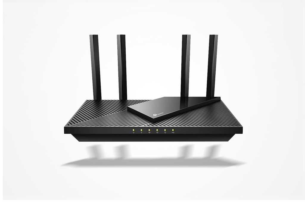 Black TP-Link router with four antenna against white background