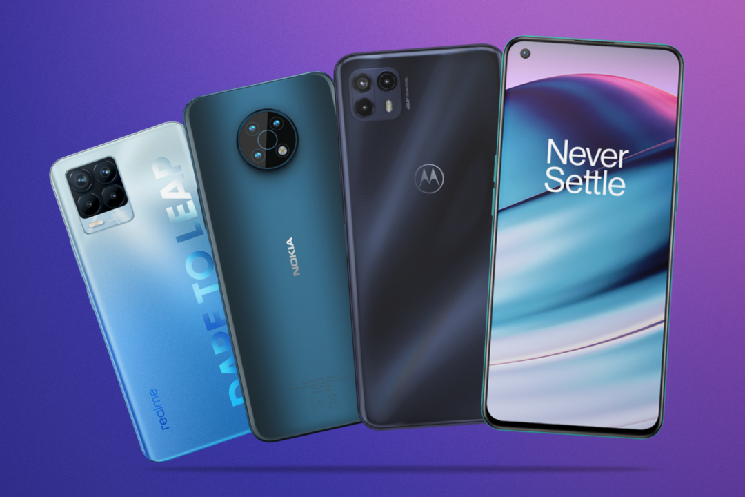 best cheap phones intro graphic featuring Realme Nokia Motorola and OnePlus handsets