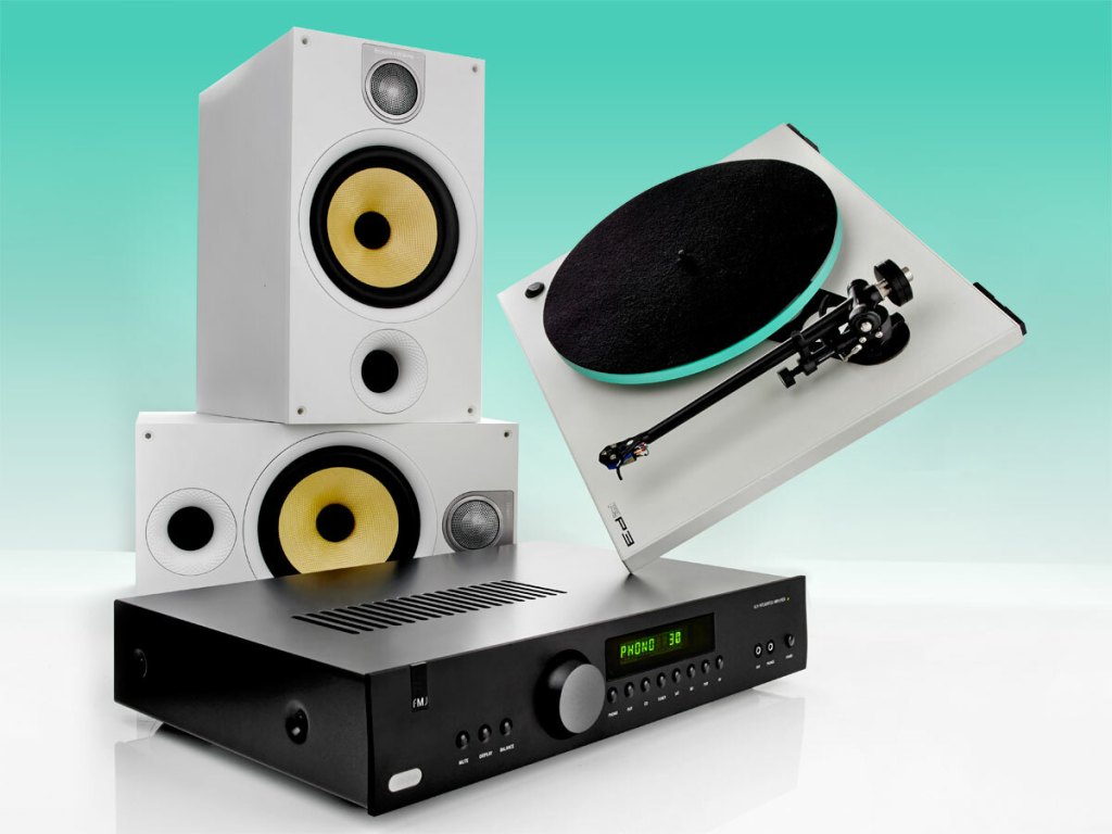 Traditional stereo setup with speakers, turntable and tweeter