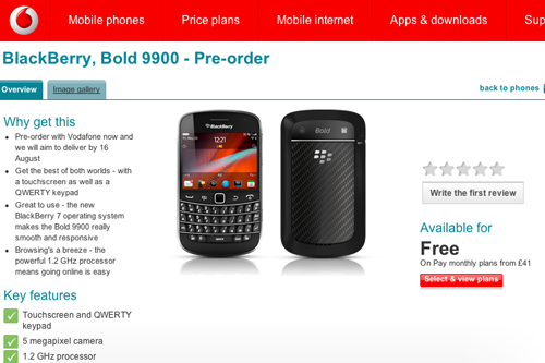 BlackBerry Bold 9900 gets pre-order pricing from Vodafone