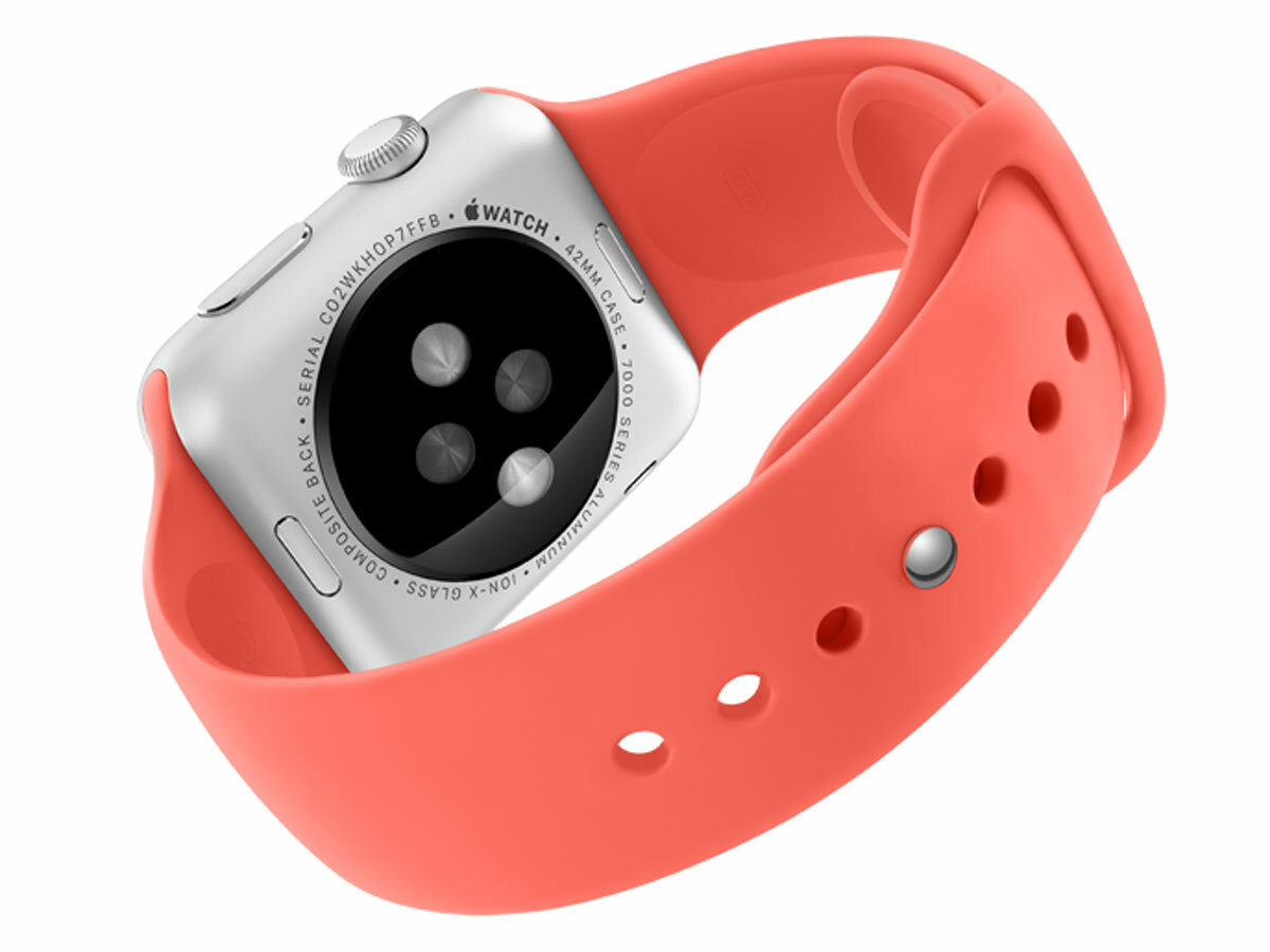 The heartbeat sensor on the back of an Apple Watch Sport