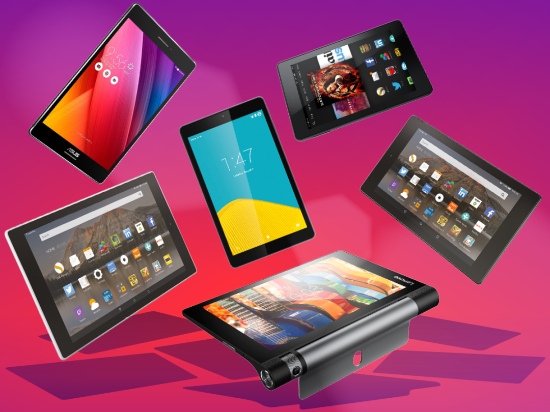 best cheap tablets intro graphic featuring Asus ZenPad S 8.0 Amazon Fire HD 8 Lenovo Yoga Tab 3 and Amazon Fire