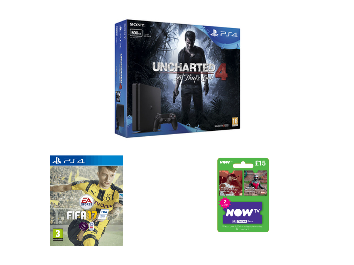 PlayStation Console 500GB Slim Uncharted 4 Fixed Pack with FIFA 17 and NOW TV 2 Month Sky Cinema Pass (Now £199.99)