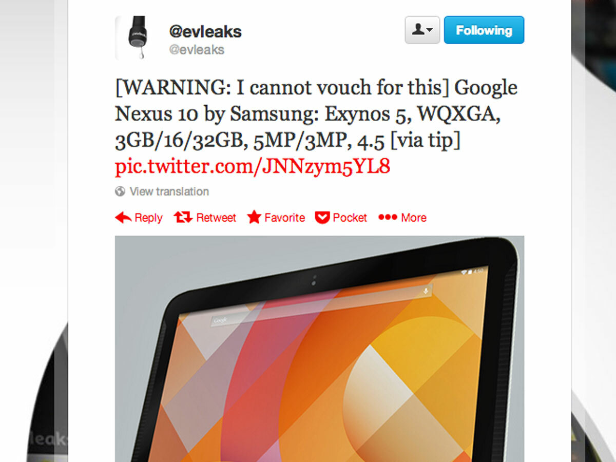 EVLeaks Nexus 10 tweet