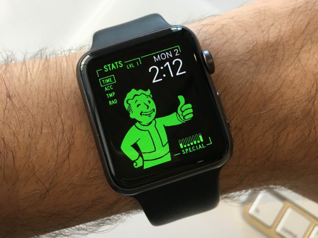 Apple watch displaying a Fallout’s Pip-Boy 3000 face