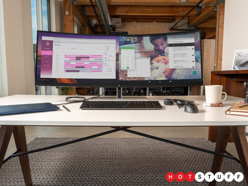 The HP S430c is a curved ultra wide monitor that can tangle with two PCs at once