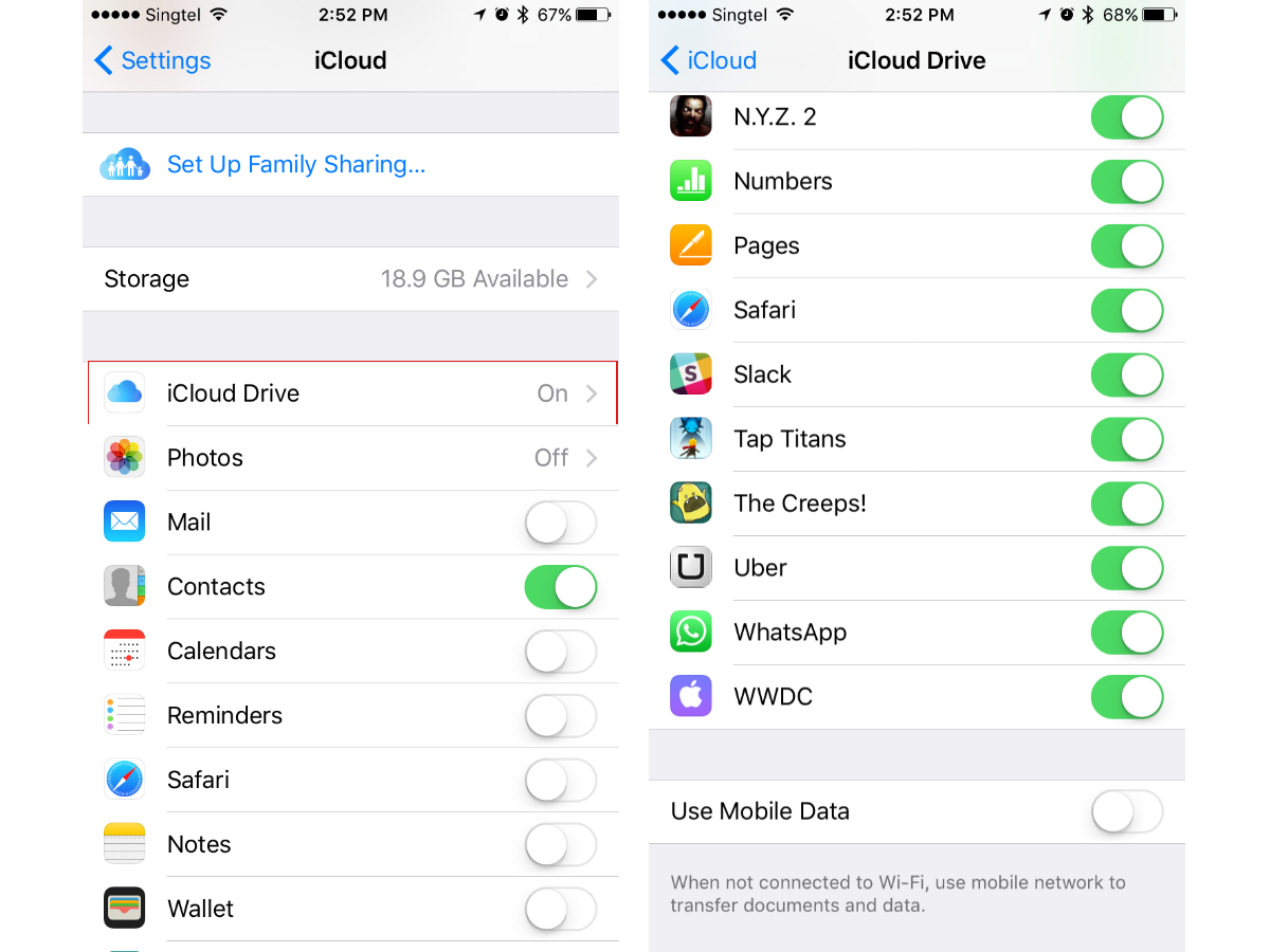 Using mobile data for iCloud storage