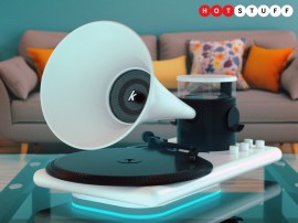 Kozmophone is a modern take on Edison’s gramophone, with a wireless charger and holograms