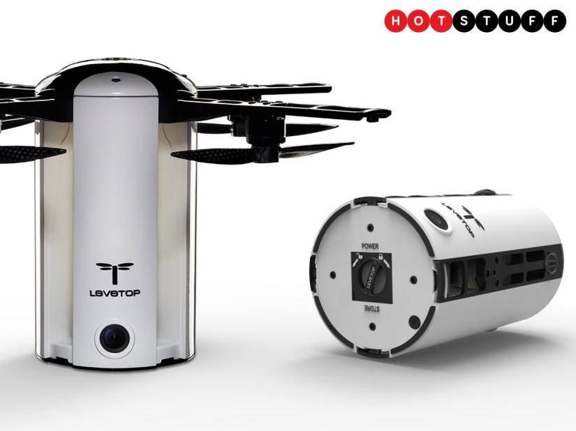 LeveTop is a chunky cylindrical autonomous folding drone you can carry around clipped to your belt