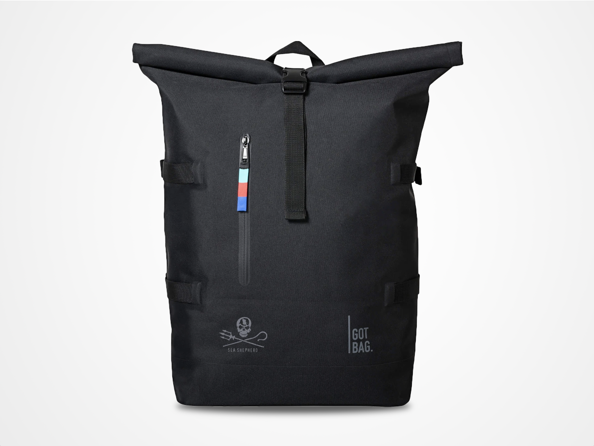 The sea-saving sack: Got Bag Rolltop Sea Shepherd Backpack (£130)