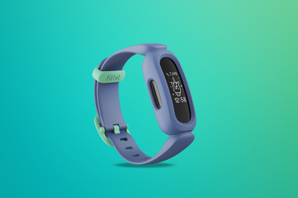 Fitbit Ace 3 against a green/blue background