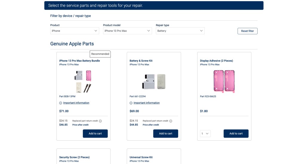 Screenshot of Apple's Self Service Repair store offering genuine repair parts