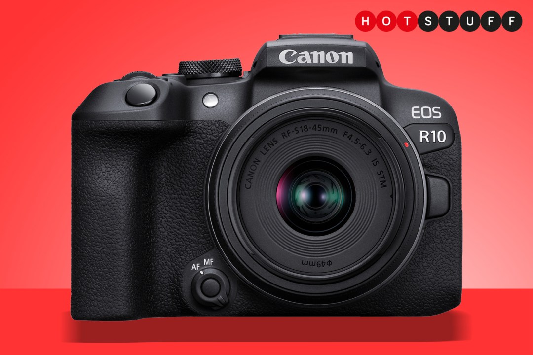 Canon EOS R10 hot stuff camera on red background