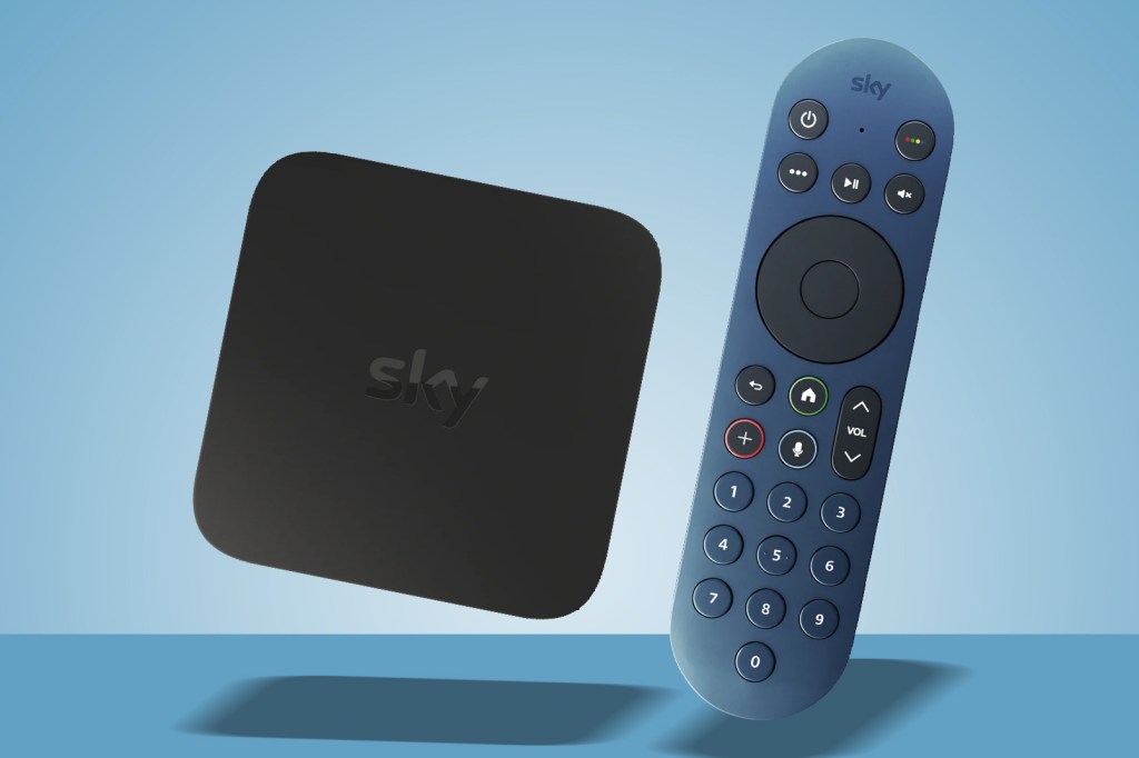 Sky Stream Puck with remote face-on on blue background