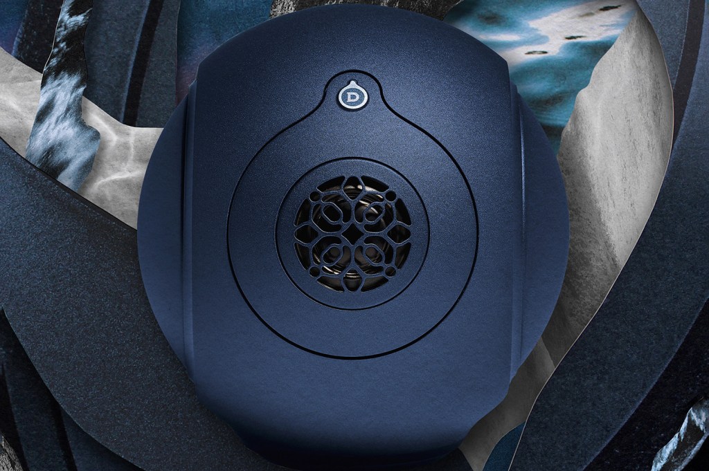 Devialet Phantom II Deep Blue speaker against collage background