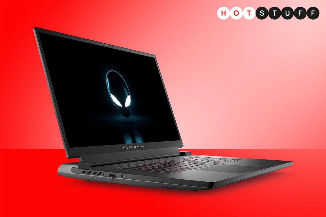Alienware m17 R5 laptop on red background