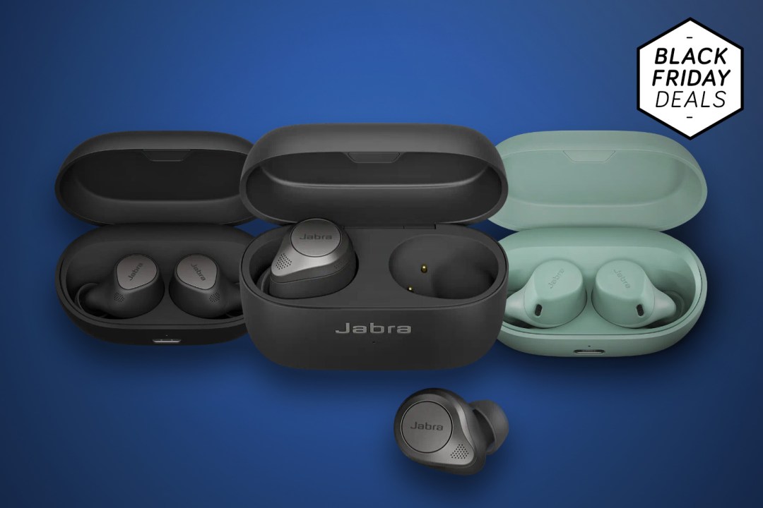 Three Jabra wireless earbuds on sale, against a blue background