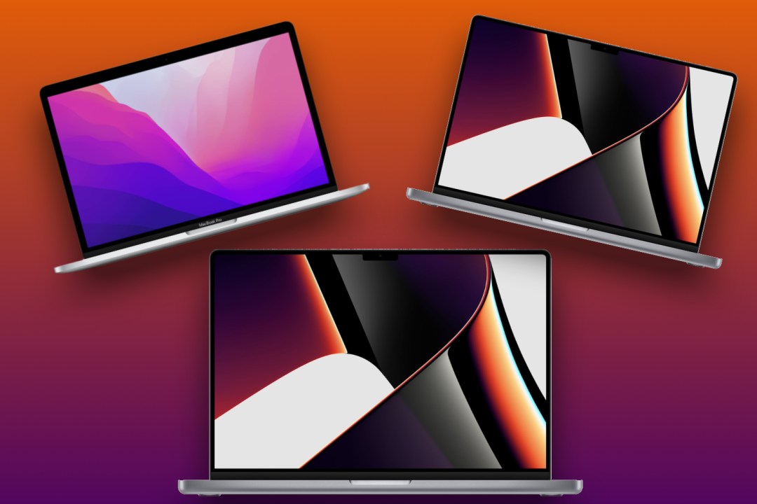 Three MacBook models against a purple and orange background