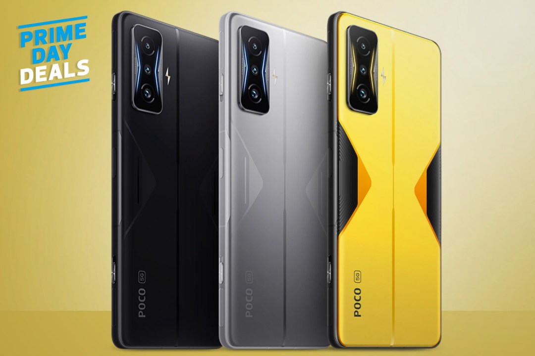 Poco F4 GT smartphone in three colours on yellow background
