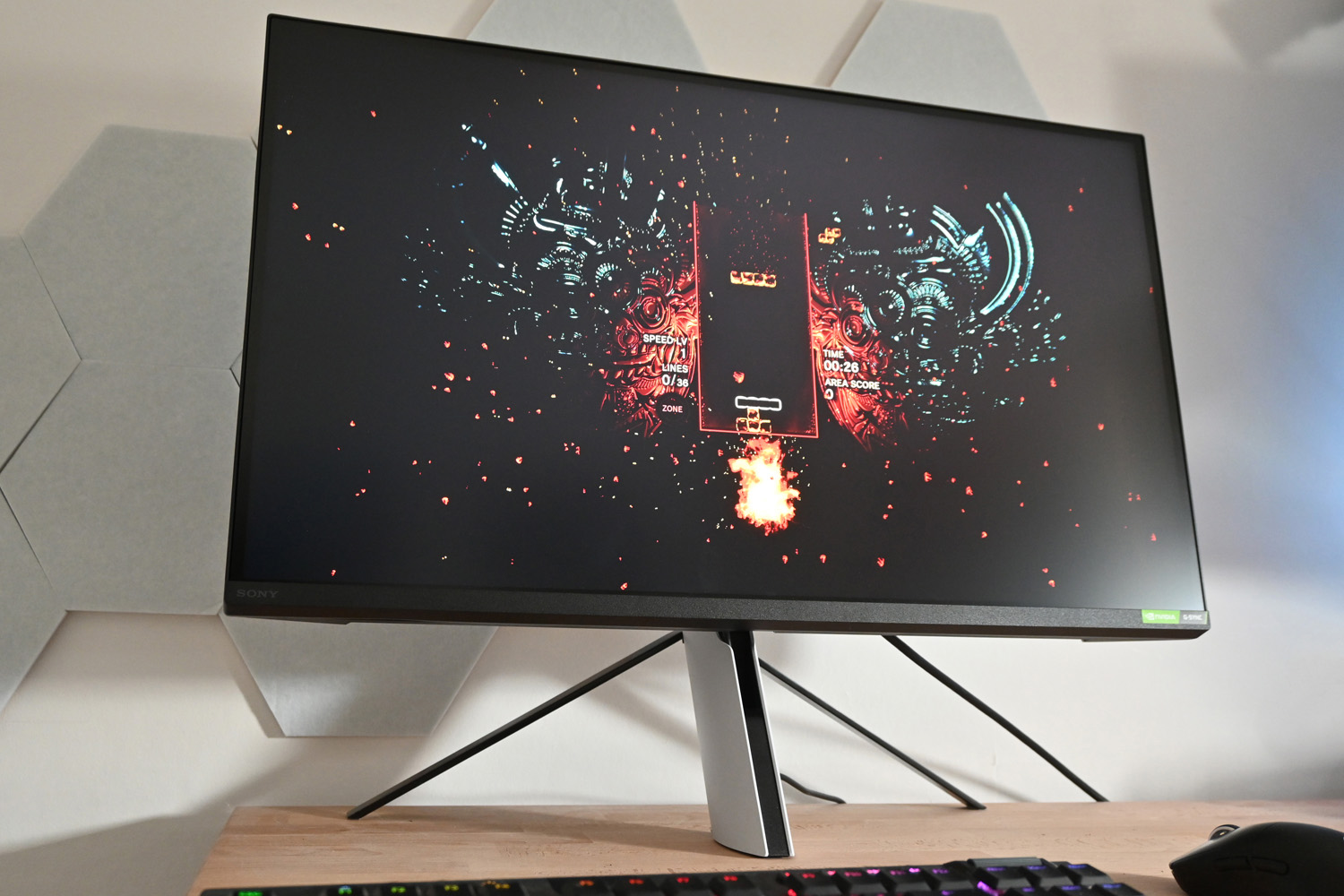 Sony InZone M9 monitor playing Tetris effect