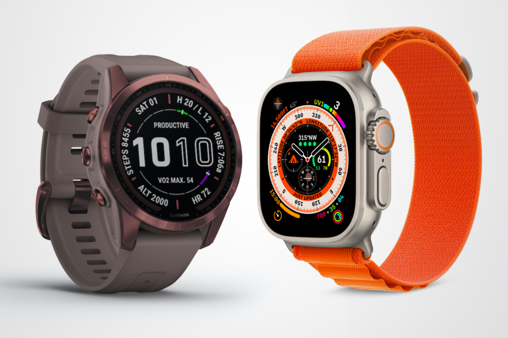 Apple Watch Ultra compared to Garmin Fenix 7 from an angle