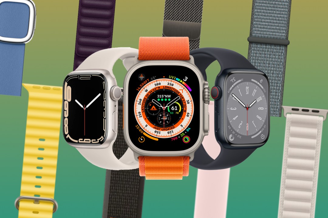 3 Apple Watch models in front of a selection of straps