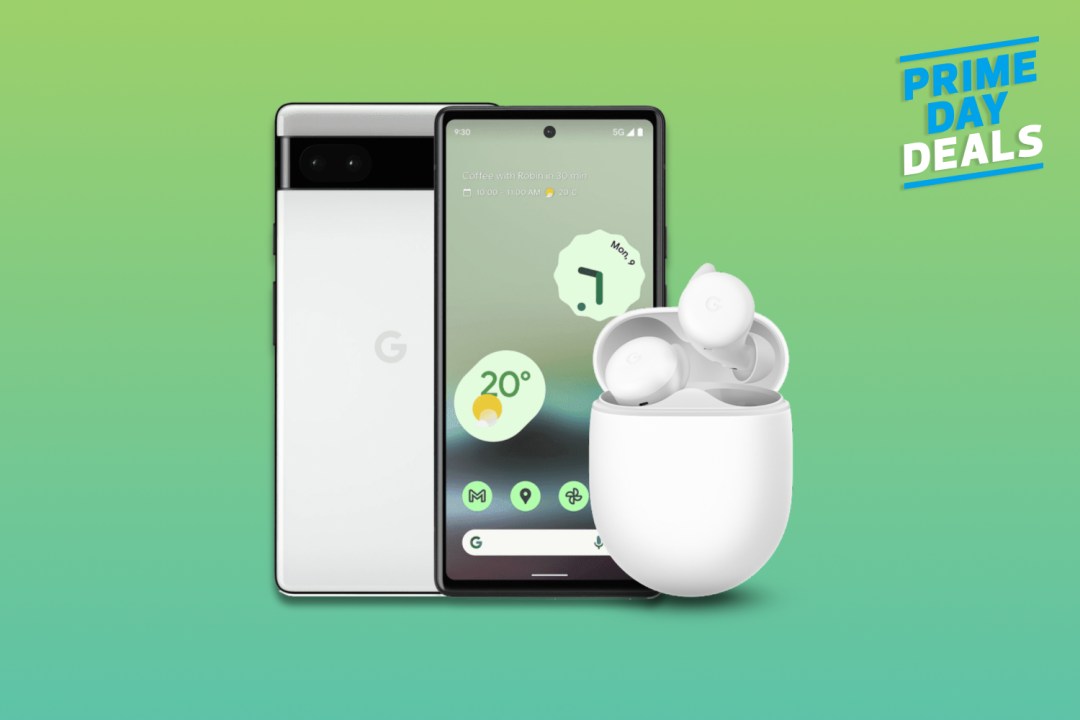 Pixel 6a front and rear next to a set of Pixel Buds A-Series