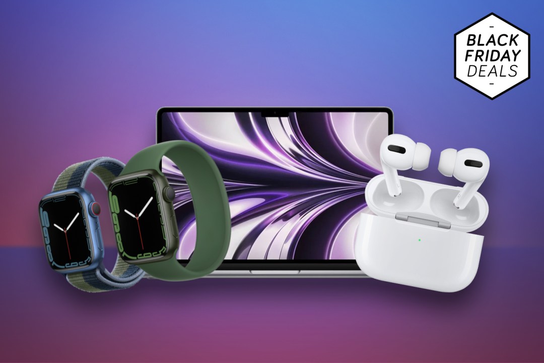 MacBook Air, Apple Watch, and AirPods in front of purple background