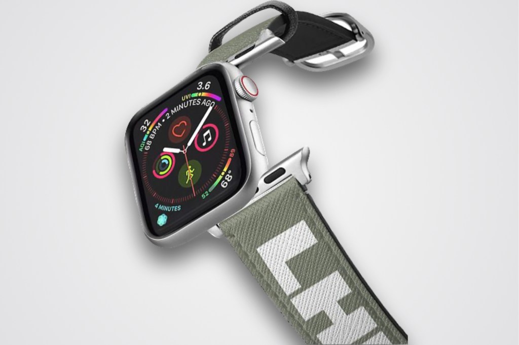 Casetify luggage tag strap for Apple Watch in London Heathrow pattern
