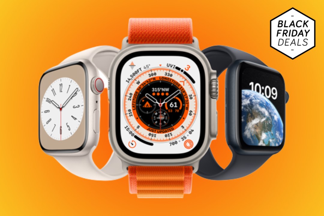 Apple Watch Ultra, Series 8, and SE against orange background