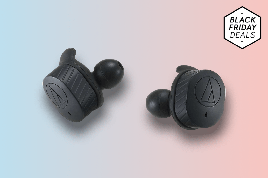 Audio Technica ATH-SPORT7TW truly wireless earbuds against a pink and blue background