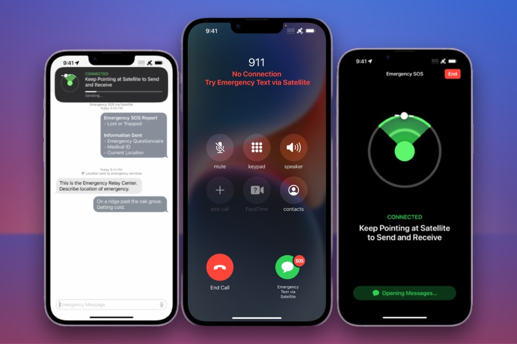 Screenshots of Apple's new Emergency SOS feature in use on iPhone 14