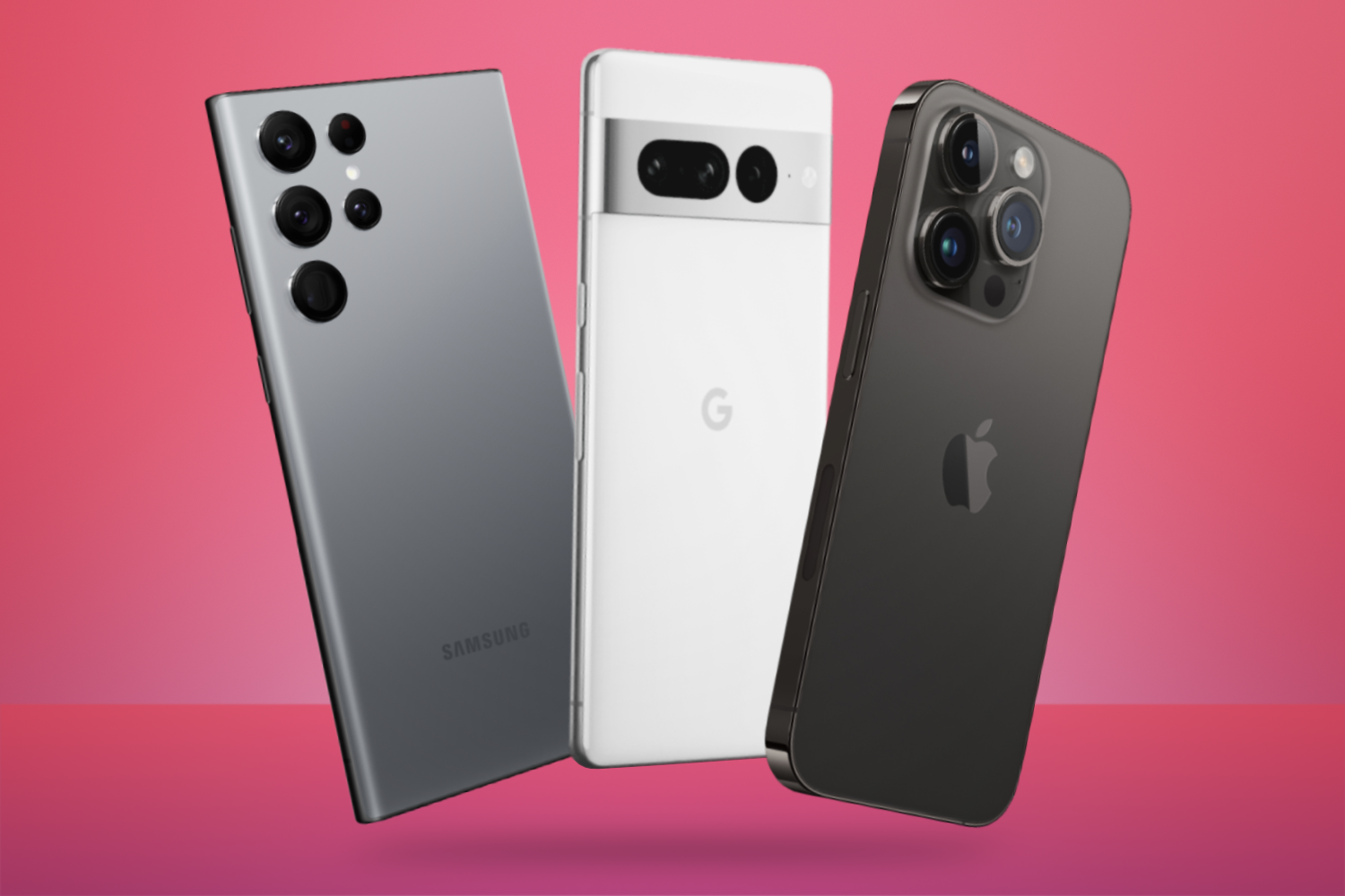 Водещо изображение за най-добри разрошени смартфони, включващо Samsung Galaxy S22 Ultra, Google Pixel 7 Pro и Apple iPhone 14 Pro