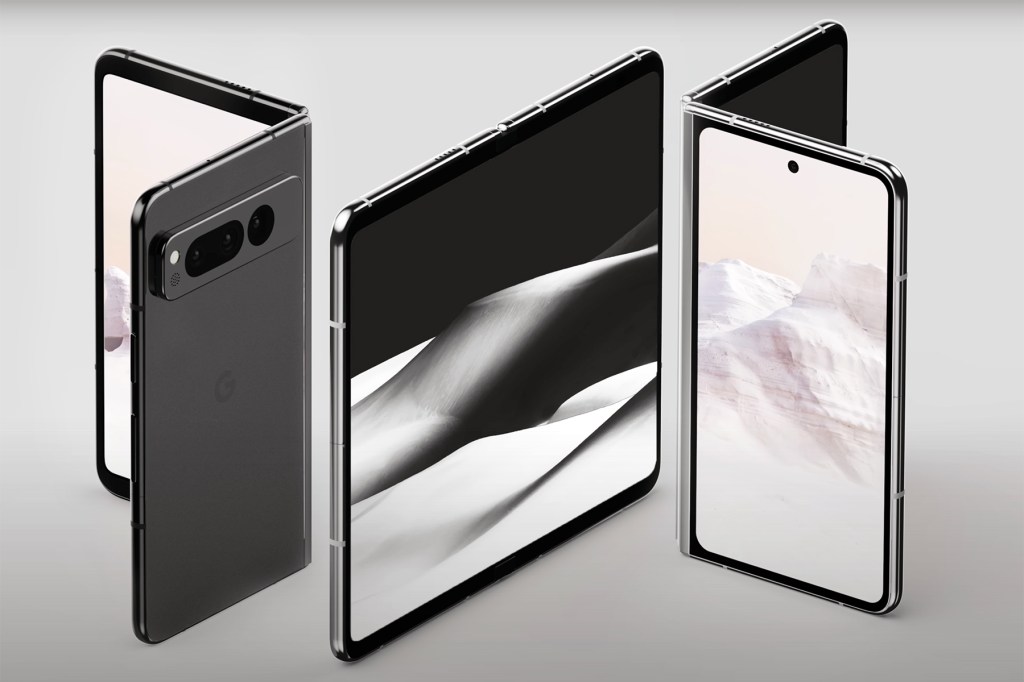 Google Pixel Fold x3, one of which is unfolded and balancing in a precarious manner.