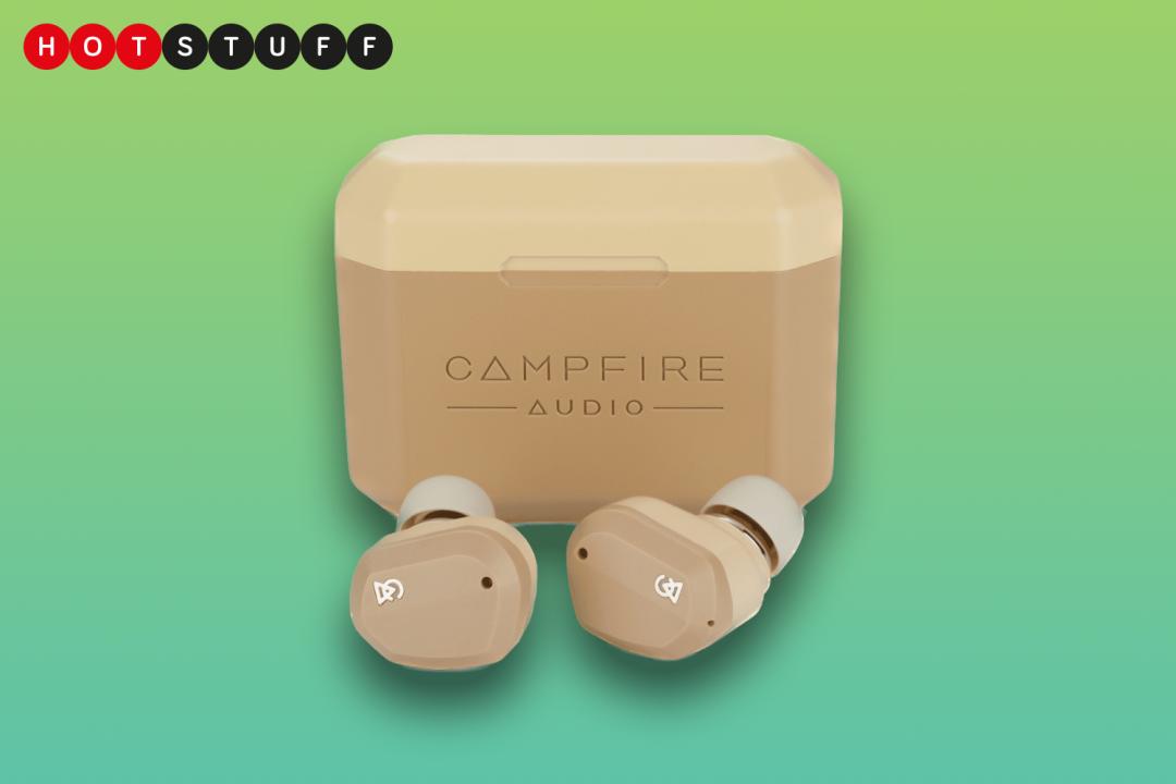 Campfire Audio wireless buds in front of green background