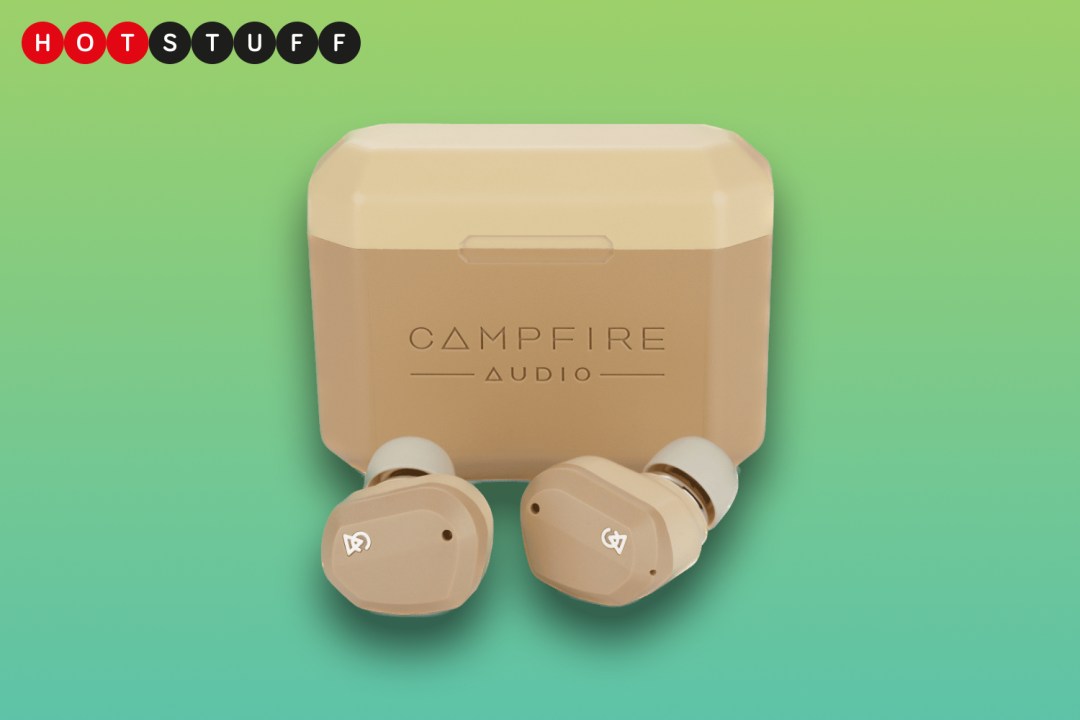 Campfire Audio wireless buds in front of green background