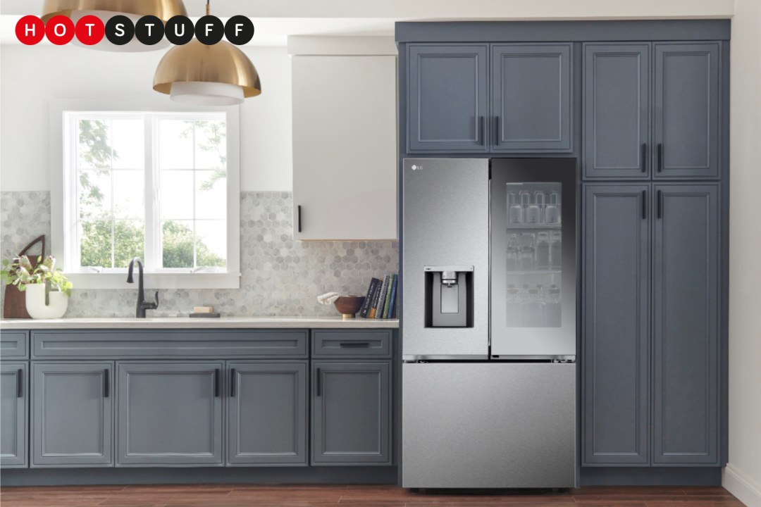 LG's latest InstaView fridge with French-doors in a kitchen with grey cabinets