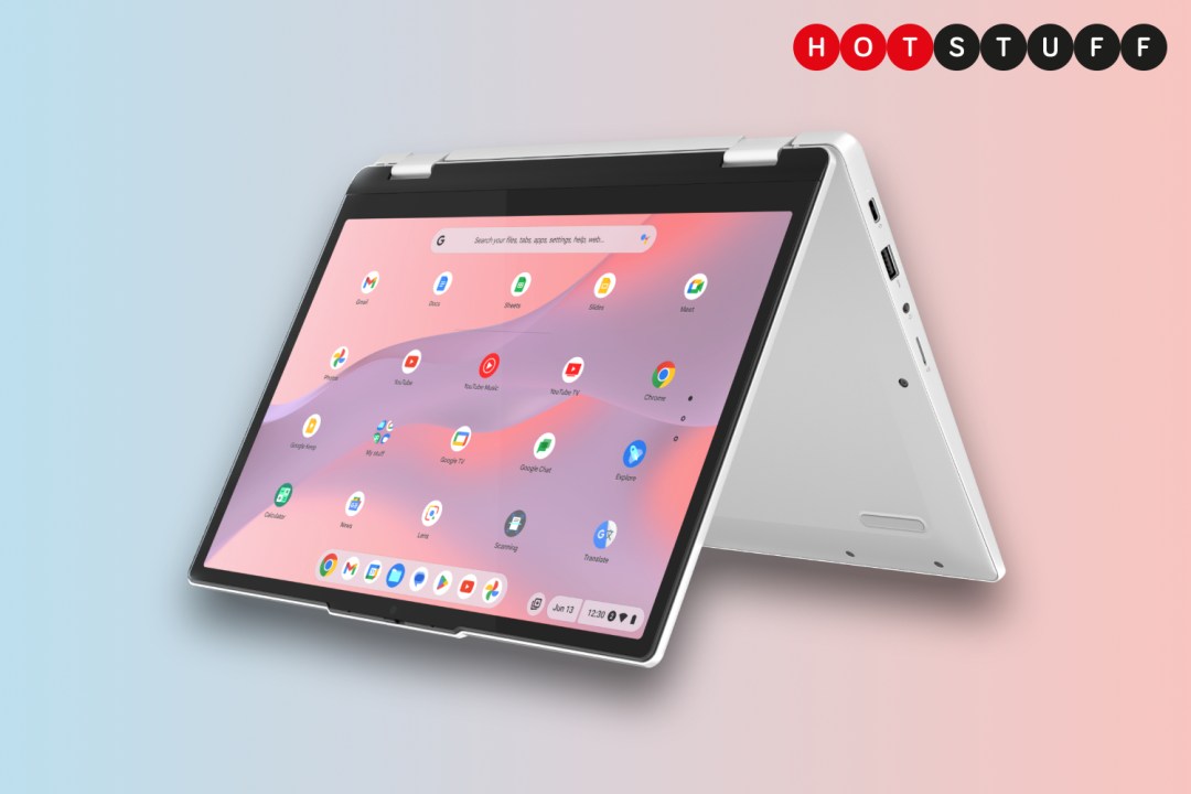 New Lenovo IdeaPad Flex 3i Chromebook against blue and pink background