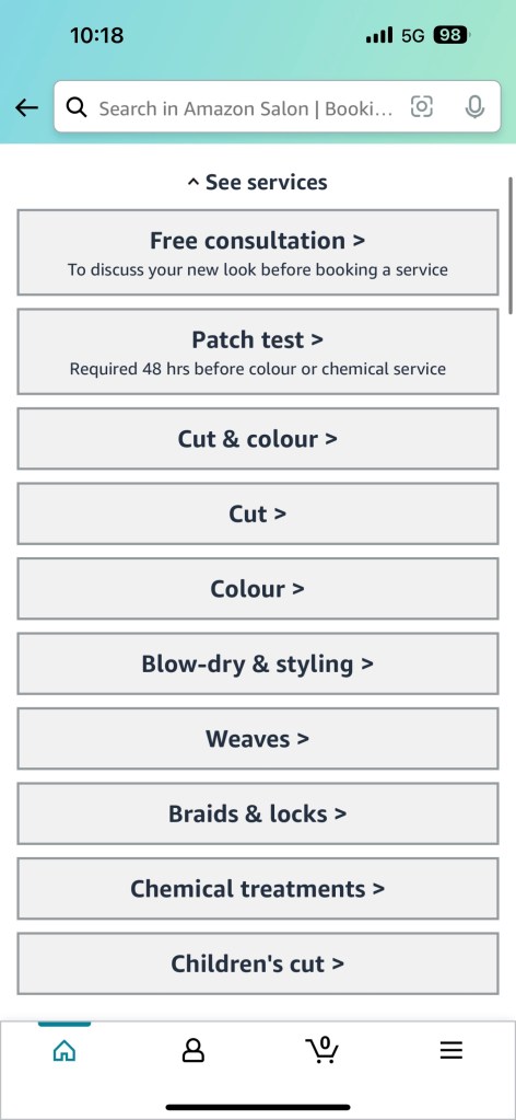 List of Amazon Salon services in-app