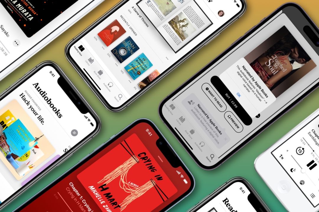 iPhones playing audiobooks through Apple Books against green background
