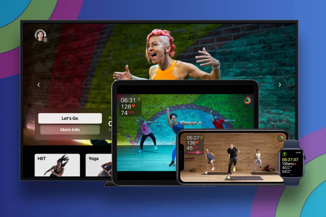 Apple Fitness+ on a range of Apple devices in front of blue background