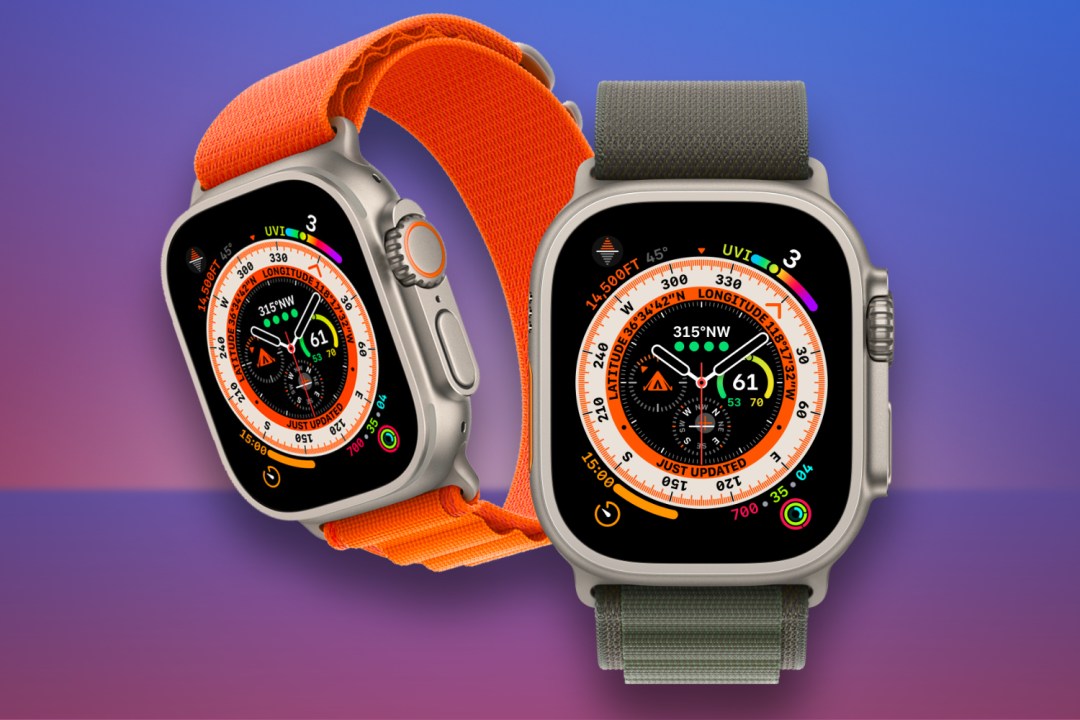 Two Apple Watch Ultras against purple background