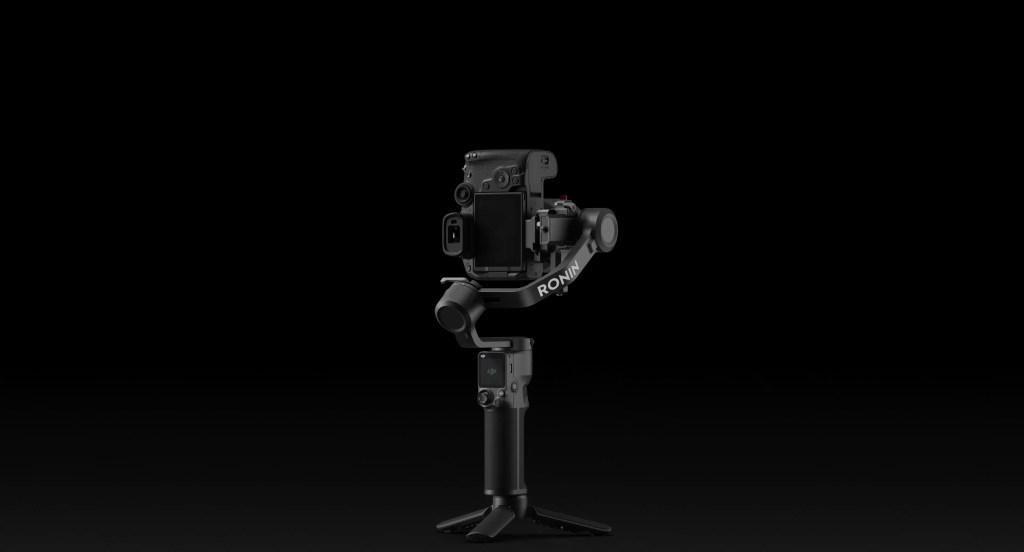 Close-up of the DJI RS 3 Mini gimbal against black background