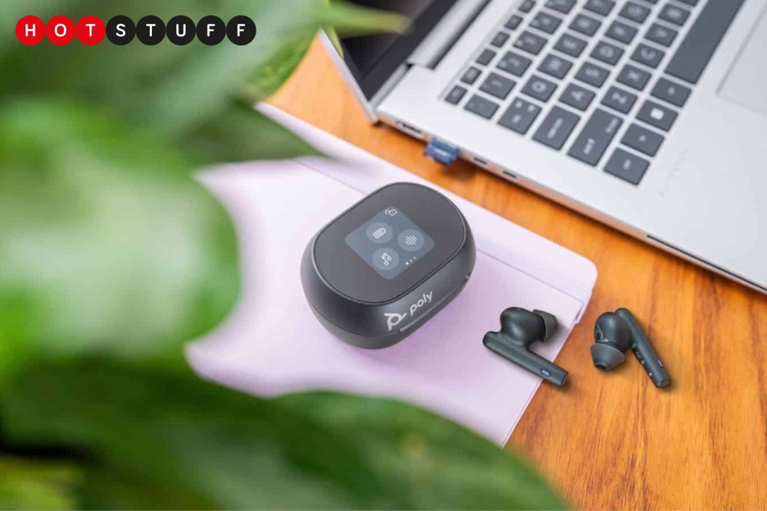 HP's new earbuds with touchscreen case on a desk