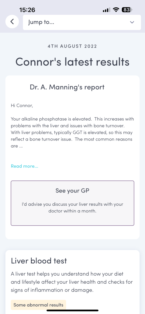 Health report and analysis from Thriva test