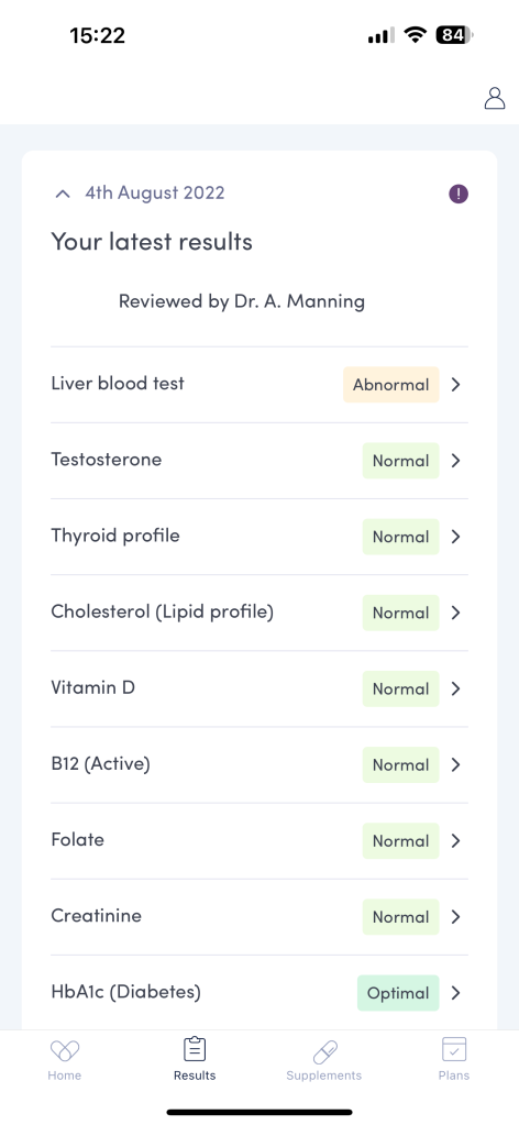 In-app summary of Thriva's blood test results