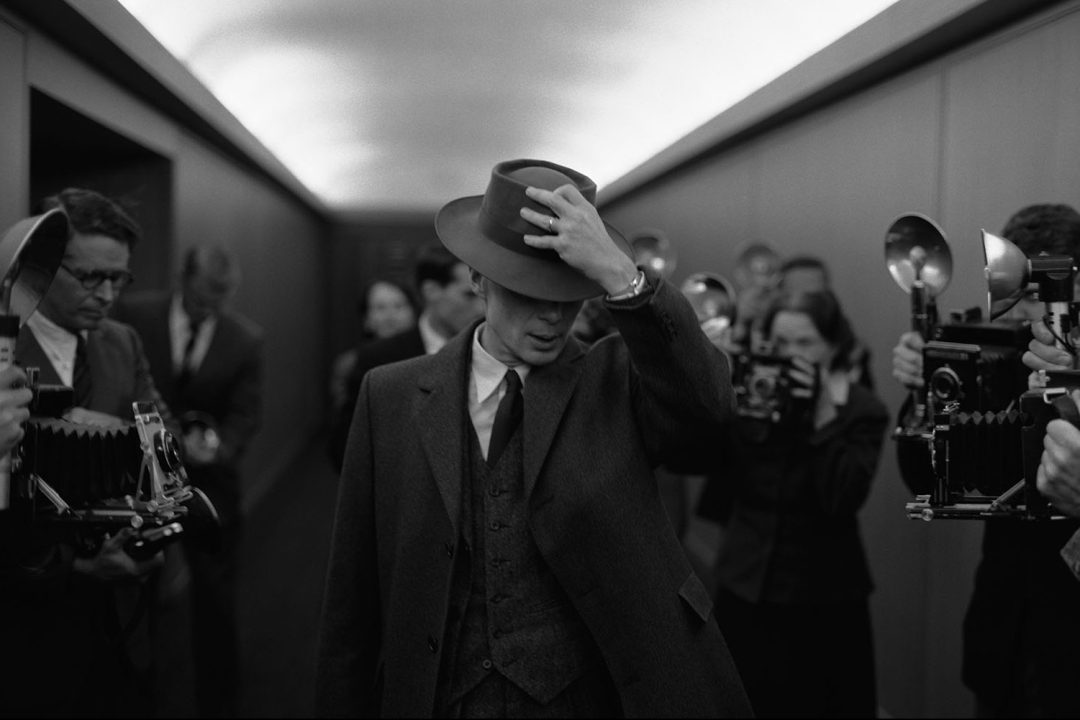 Black and white still from Oppenheimer
