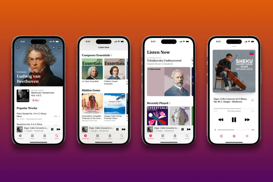 iPhones running new Apple Music Classical app against purple and orange background