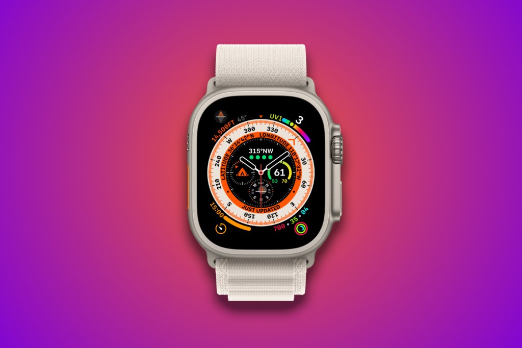 Apple Watch Ultra in front of purple background