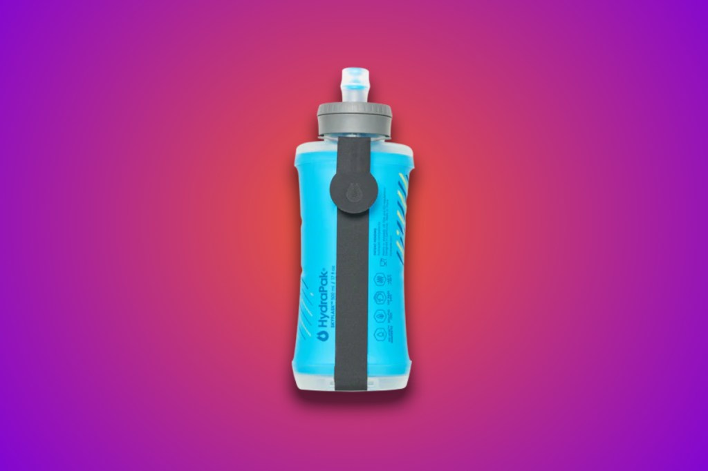 Hydrapak SkyFlask bottle against purple background